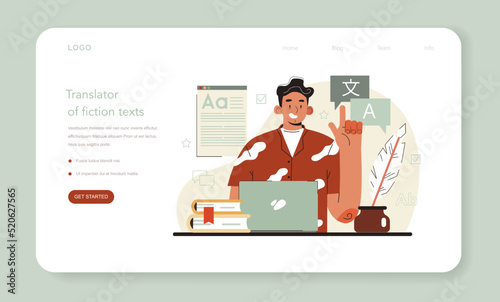 Translator web banner or landing page. Linguist translating document