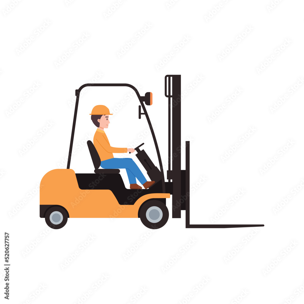 Man in helmet driving forklift truck, flat vector illustration isolated on white background.