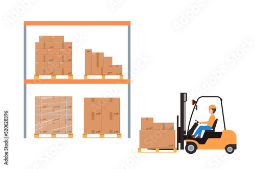 Warehouse shelves with boxes on wooden pallet, man driving forklift truck - flat vector illustration isolated on white.