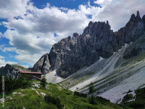 The mountain hut Berti in the Dolomites, Vallon Popera, Veneto, Italy