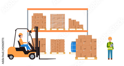 Warehouse shelf and forklift truck, workers stack boxes on wooden pallet - flat vector illustration isolated on white.