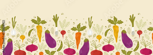 Lovely hand drawn vegetables seamless pattern, healthy doodle background with carrots, eggplants, onions - vector design