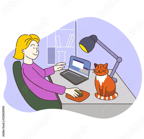 Woman working at the laptop at home. Freelaner. Distant work. Businesswoman. Workspace. Flat vector illustration. photo