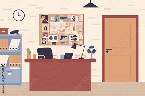 Detective workplace in police office vector illustration. Cartoon homicide department room interior with investigation board, investigators laptop on table, chair and bookcase with safe background