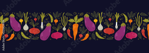 Lovely hand drawn vegetables seamless pattern, healthy doodle background with carrots, eggplants, onions - vector design