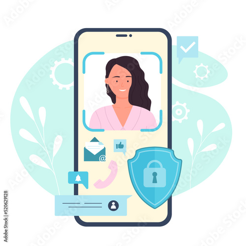Face ID recognition, scan and verification with AI system vector illustration. Cartoon mobile phone screen with facial identification of girls profile, data protection and digital future technology