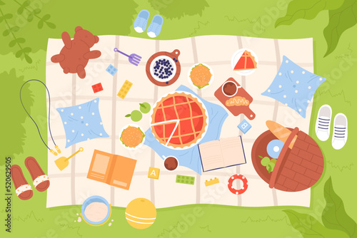 Summer family picnic on green grass of park, field or garden, top view vector illustration. Cartoon cloth blanket with basket and plates with food, sandwiches and pie snacks on tablecloth background