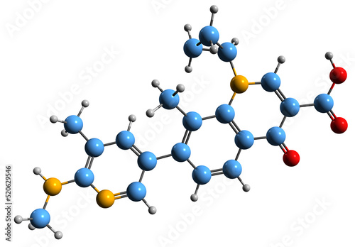 3D image of Ozenoxacin skeletal formula - molecular chemical structure of Impetigo medication isolated on white background