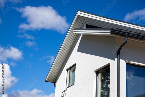 Closeup low angle shot of a minimalistic modern house in white color with background of a blue sky