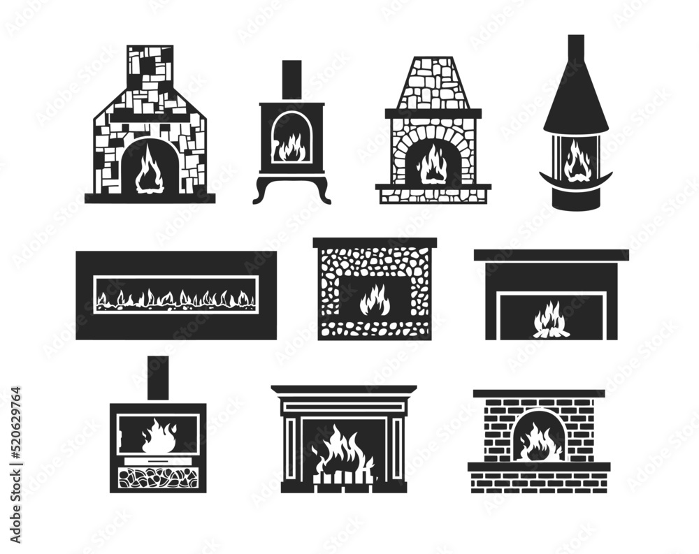 Fireplace icon set, black and white vector illustration isolated on white background.
