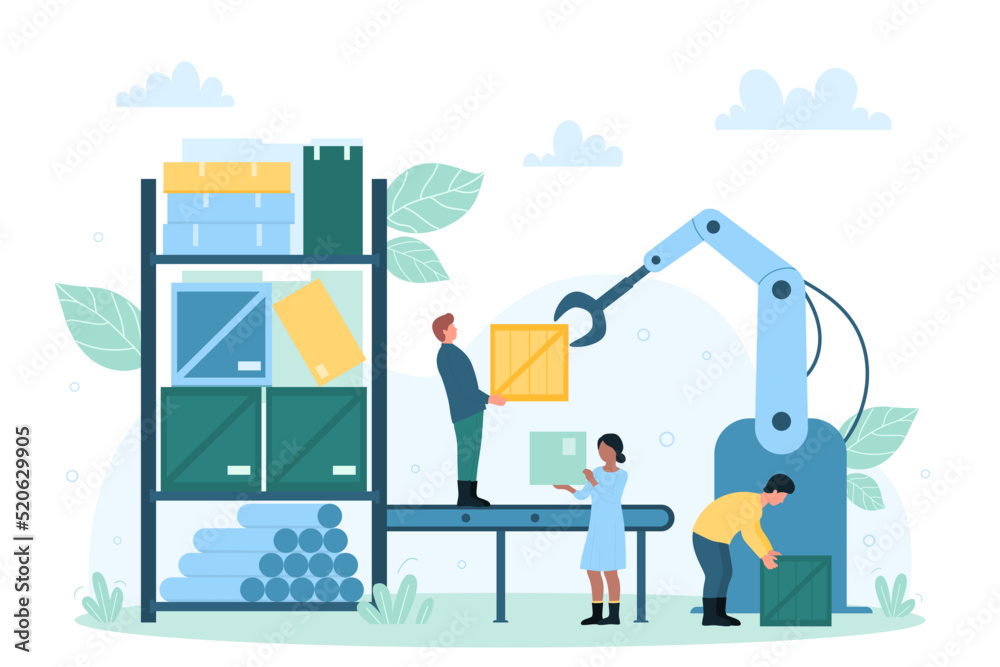 Factory warehouse with automatic equipment vector illustration. Cartoon tiny people lift boxes to shelf of stock storage room with robot lifter and conveyor, storehouse automation and distribution