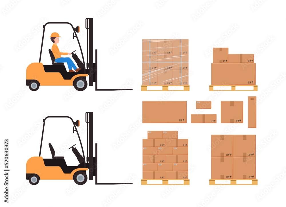 Man driving forklift truck and loading boxes on wooden pallet, flat ...