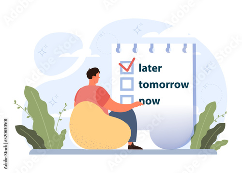 Procrastination concept. Lazy character laying or sleeping