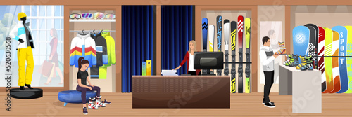 Winter sport equipment shop for skier, store interior. Rent of mountain skiing, snowboarding equipment. Elements for ski resort, mountain activities. Winter activities boutique. Vector illustration