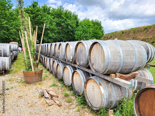 Barrels of wine are stacked together in a field at a Tuscan winery vineyard near the city of Volterra, Italy.