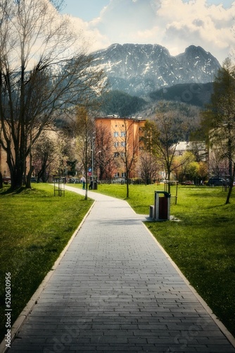 Vertical view of Rowien Krupowa park in Zakopane with a view of Giewont mountain on a sunny day
