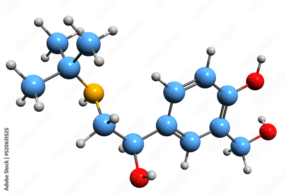 3D image of Levosalbutamol skeletal formula - molecular chemical structure of adrenergic receptor agonist isolated on white background
3D image of Levosalbutamol skeletal formula - molecular chemical structure of adrenergic receptor agonist isolated on white background