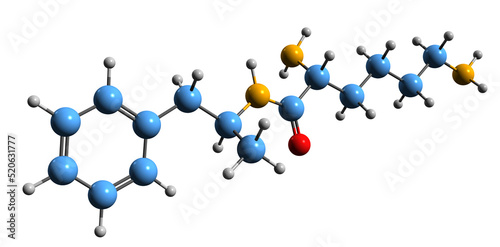  3D image of Lisdexamfetamine skeletal formula - molecular chemical structure of stimulant medication L-Lysine-d-amphetamine isolated on white background
