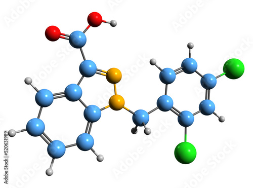 3D image of Lonidamine skeletal formula - molecular chemical structure of  derivative of indazole-3-carboxylic acid isolated on white background
 photo