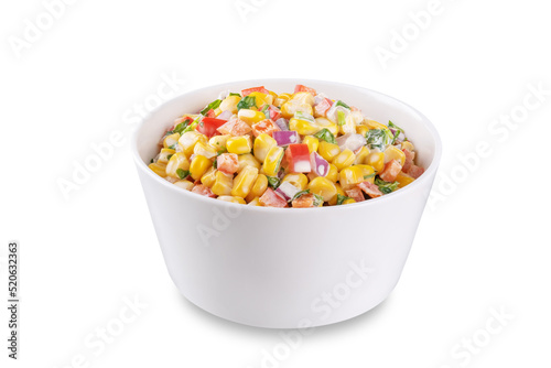 Mexican street corn salad in a bowl on a white isolated background