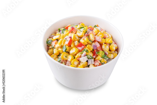 Mexican street corn salad in a bowl on a white isolated background