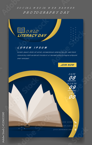 Banner template in blue portrait background with opened book for world literacy day design