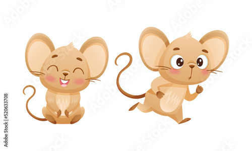Little Mouse Character with Long Tail and Big Ears Laughing and Running Vector Set