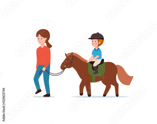 Child boy riding a horse with help of trainer, vector illustration isolated.