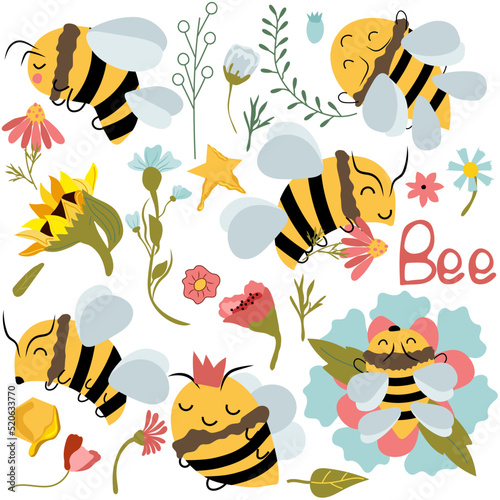 Bee bundle. Cute bee on flower, wildflowers, honeycomb, sunflower. Cartoon honey bees with different emotions. Nature, organic product. Vector illustration.