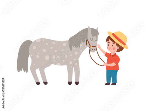 Cute little boy petting horse, child jockey concept, flat vector illustration isolated on white background.