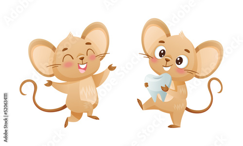 Little Mouse Character with Long Tail and Big Ears Carrying Tooth and Jumping with Joy Vector Set