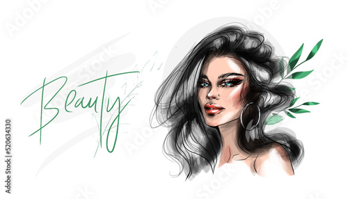 Beautiful woman vector fashion sketch. Young girl face portrait. Hand drawn illustration  