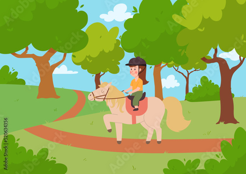 Girl riding horse in park or forest, child jockey on pony - cartoon flat vector illustration.