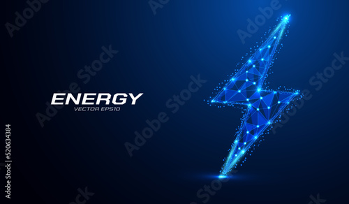 Abstract low poly energy symbol, lightning sign wireframe. Blue background glow lines, dots 3D connection structure style vector.
