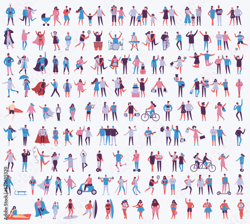 Set of vector ready to animation people characters performing various activities. Group of men and women flat design style cartoon characters isolated