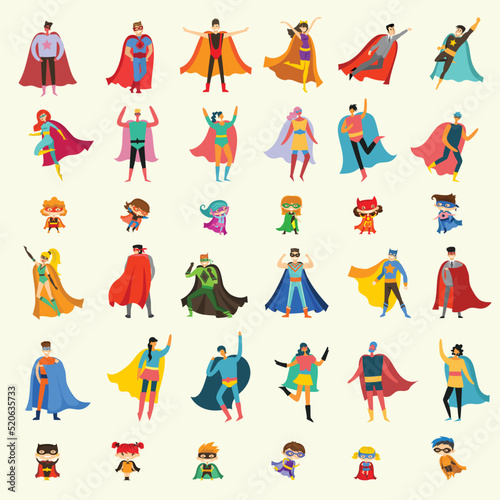 Vector illustrations of female and male kids superheroes in funny comics costume