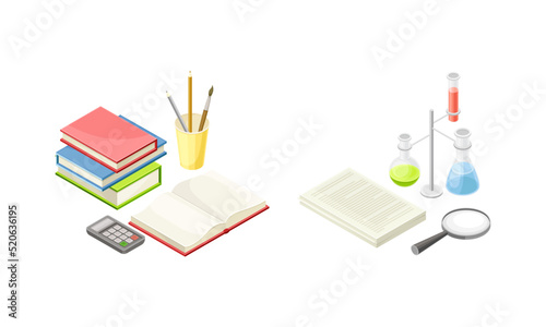 School Lesson with Subject Supplies with Pile of Books, Chemical Flask and Magnifying Glass Isometric Vector Set