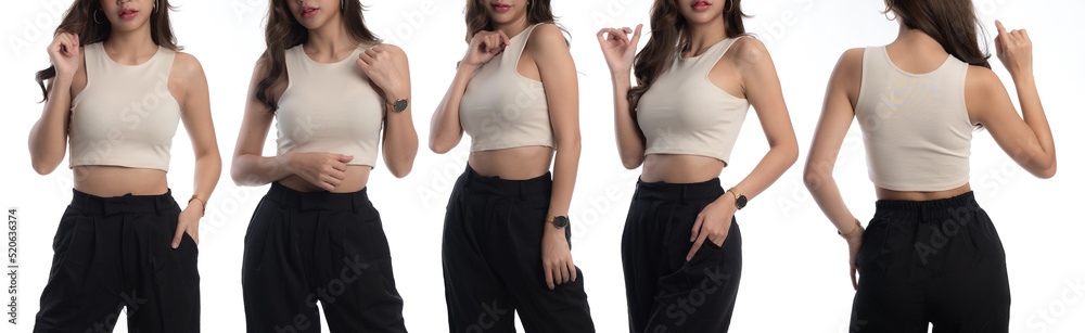 Εκτύπωση καμβά Ser of young woman wearing tank top or sleeveless t-shirt mockup on a white back