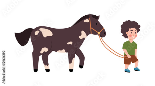 Child boy leads a horse on a leash, flat vector illustration isolated.