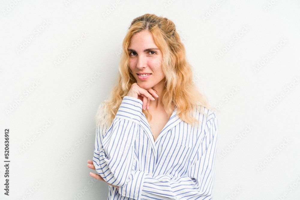 Young caucasian woman isolated on white background smiling happy and confident, touching chin with hand. Young caucasian woman isolated on white background smiling happy and confident, touching chin with hand.