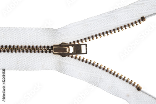 Silver metal zipper isolated on white background