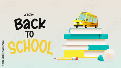 School bus 3D art style with school supplies vector illustration