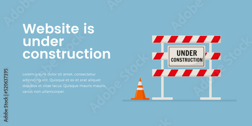 Under construction road sign with striped fence, landing page template, flat vector illustration.