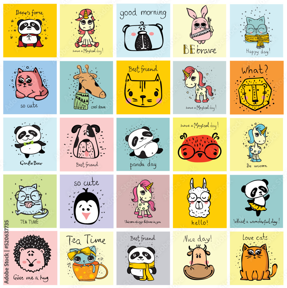 Fototapeta premium Vector set of cute happy animal faces for kid's interiors, banners and posters.