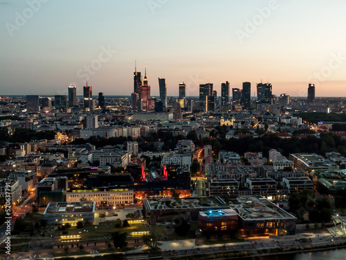 Poland  Warsaw capital city during twilight. Aerial drone view.