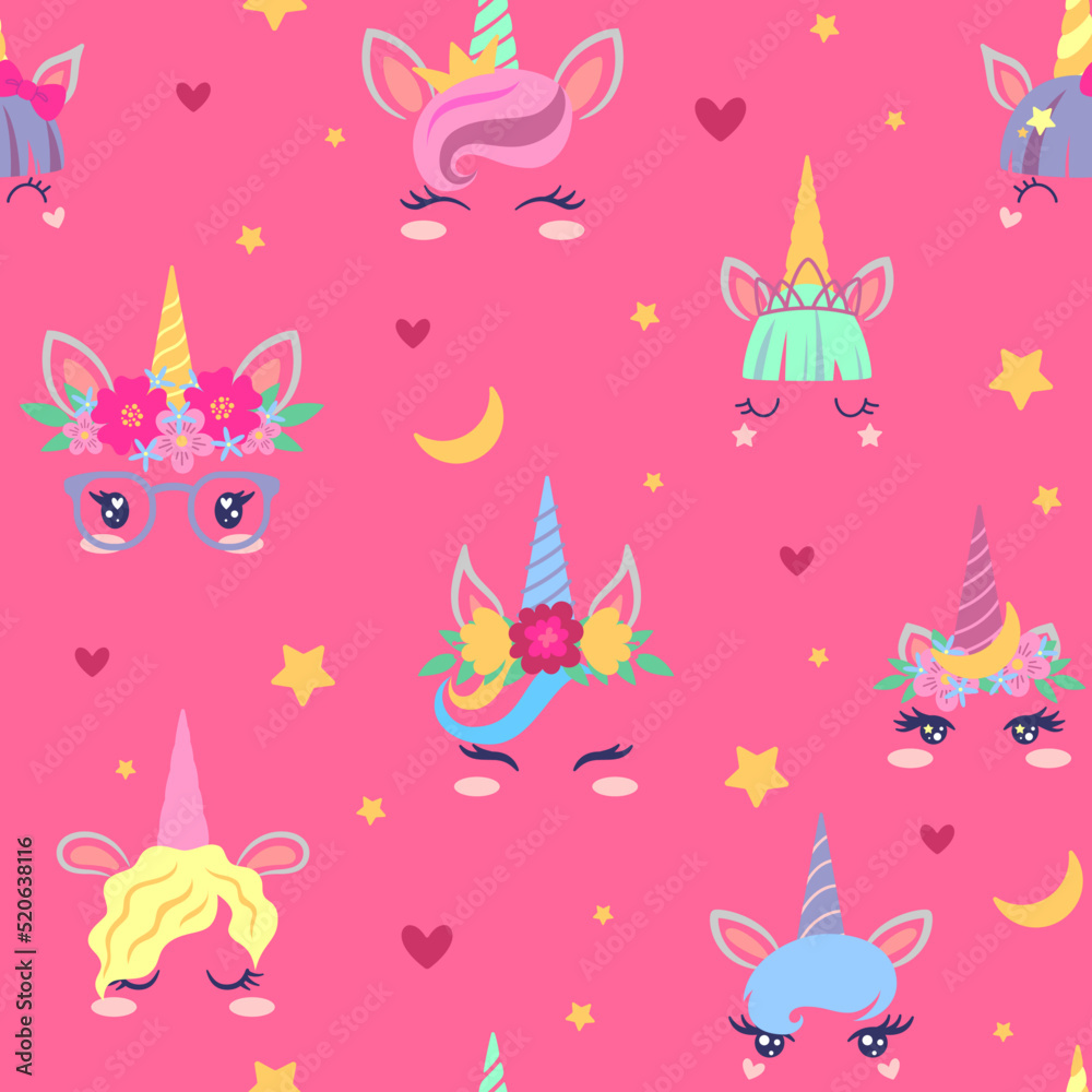 Fototapeta premium Fairy unicorn seamless pattern, cartoon flat vector illustration on pink background.