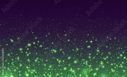 Magic sparkles, green fairy stardust with sparks. Shiny flying fireflies, witch potion effect. Cosmic dust with glowing flares isolated on a dark background. Vector illustration.