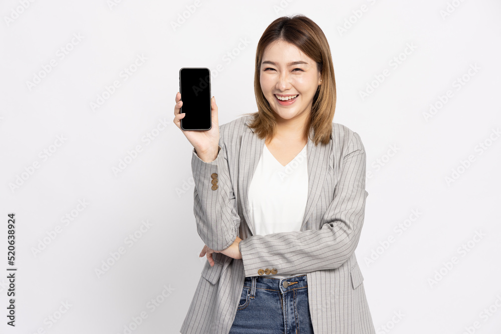 Portrait of Asian business woman showing or presenting mobile phone application isolated over white background, Asia Thai model Portrait of Asian business woman showing or presenting mobile phone application isolated over white background, Asia Thai model