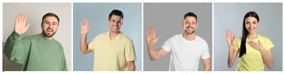 Collage with photos of cheerful people showing hello gesture on different color backgrounds. Banner design Collage with photos of cheerful people showing hello gesture on different color backgrounds. Banner design