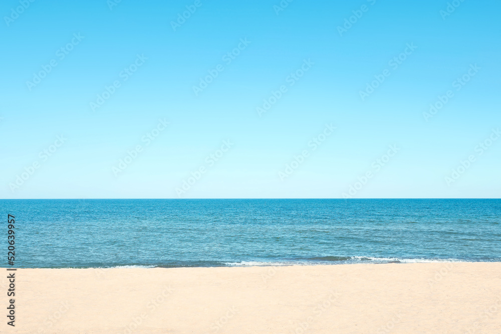Picturesque view of sandy beach with seagulls near sea Picturesque view of sandy beach with seagulls near sea